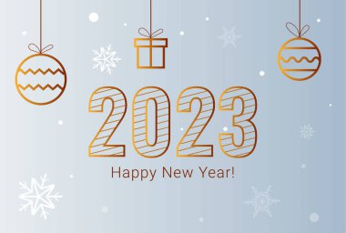 Metin 2023 ve açık mavi arka planda yeni yılınız kutlu olsun. Kar taneleri ve Noel süslemeleri var. Vektör illüstrasyonu