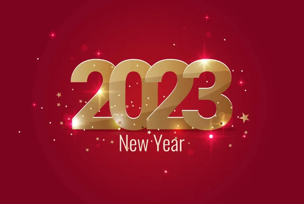 Inscripción Año Nuevo 2023 Sobre Fondo Rojo Con Destellos Dorados — Vector de stock
