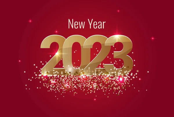 Inscripción Año Nuevo 2023 Sobre Fondo Rojo Con Estrellas Brillo — Vector de stock