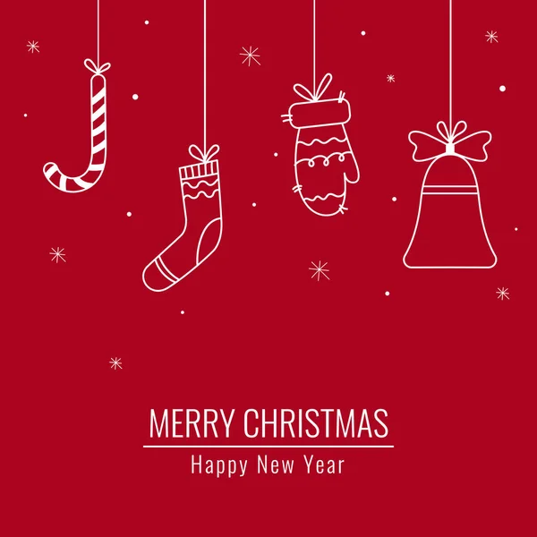 Mutlu Noeller ve mutlu yıllar çorap eldiven zili ve lolipop. Vektör illüstrasyonu