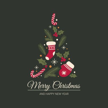 Mutlu Noeller ve mutlu yıllar Noel dalları ve dutlu çorap eldiveni ve lolipopları el çizimi tarzında bir Noel ağacı şeklinde yazıyorlar. Vektör illüstrasyonu