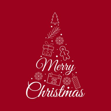 Noel ağacı şeklinde mutlu noeller mesajı at. Yanında da Xmas kar tanesi elementleri hediyesi. Vektör illüstrasyonu
