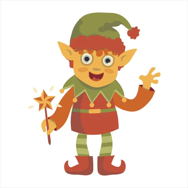 クリスマスエルフ手札に魔法の杖を持つクリスマスのキャラクター新年 ベクターイラスト — ストックベクタ