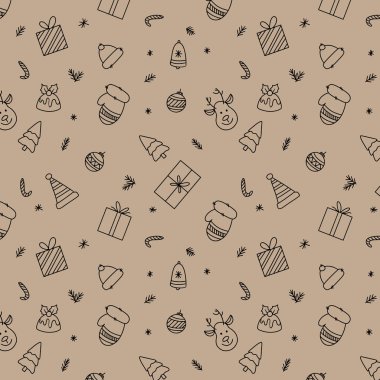 Noel desenli eldivenler Noel pastası topları ren geyiği şekeri kamışları hediyeler. Vektör illüstrasyonu