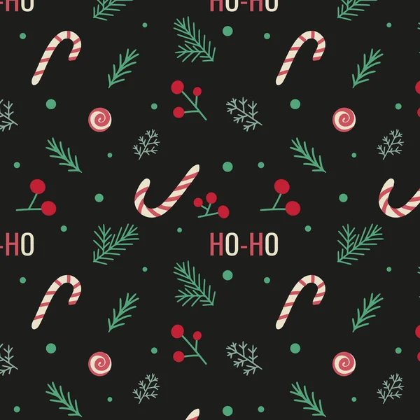 圣诞花纹 写着Ho Ho棒棒糖树枝和冬季浆果 矢量说明 — 图库矢量图片