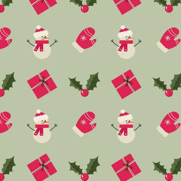 Kerst Patroon Met Sneeuwpop Geschenken Kerstmis Bes Wanten Vectorillustratie — Stockvector