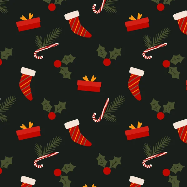 圣诞花纹棒棒糖暖袜子礼物和圣诞浆果 矢量说明 — 图库矢量图片