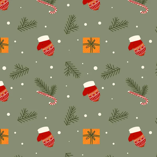 Weihnachtsmuster Lutscher Wärmen Fäustlinge Weihnachtsbaum Zweige Und Geschenke Vektorillustration — Stockvektor