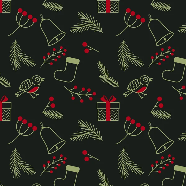 Weihnachtsmuster Winterbeeren Auf Zweigen Vögel Socken Weihnachtsmann Geschenke Glocke Vektorillustration — Stockvektor