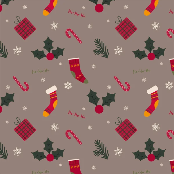 圣诞花纹袜子雪片礼物 圣诞浆果和糖果 矢量说明 — 图库矢量图片