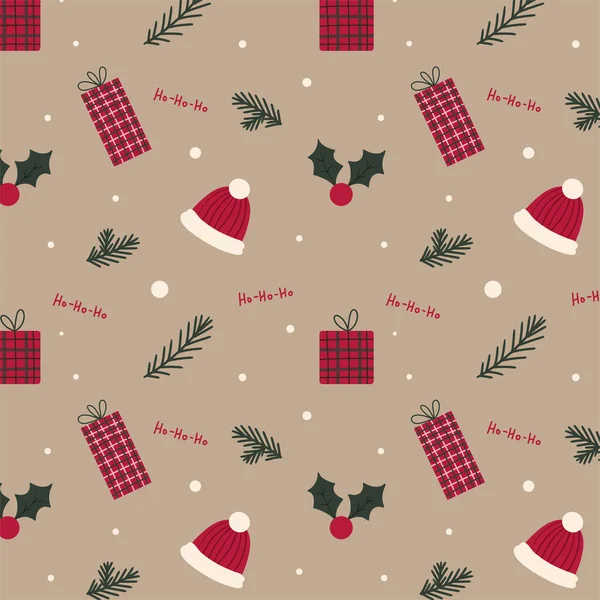 Modèle Noël Cadeaux Baies Noël Arbre Noël Branches Chapeau Hiver — Image vectorielle