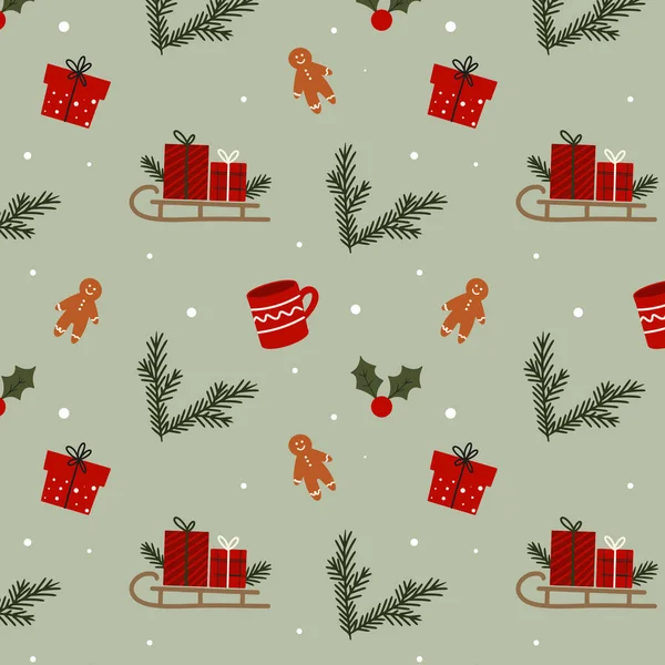 Vánoční Vzor Jedle Větve Dárkové Krabice Sáně Dárky Červený Hrnek — Stockový vektor