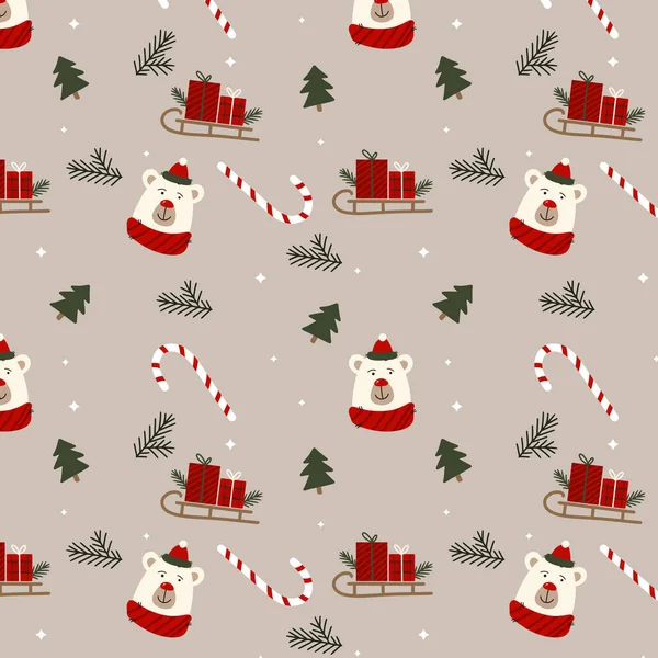 带有糖果的圣诞图案 北极熊带着礼物和圣诞树滑行 矢量说明 — 图库矢量图片