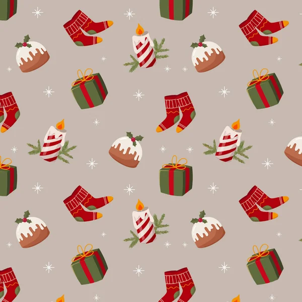 Patrón Navidad Quema Vela Regalo Calcetines Calientes Pastel Navidad Ilustración — Archivo Imágenes Vectoriales
