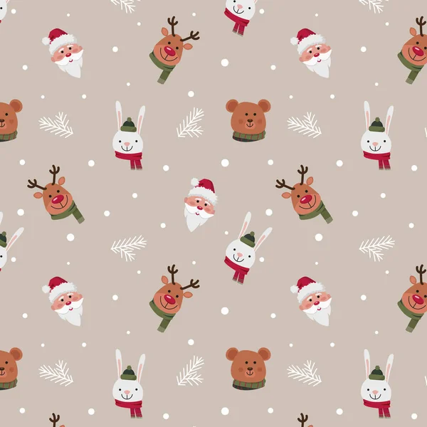 Funny Christmas Pattern Cartoon Deer Santa Claus Hare Bear Vector — Stock Vector