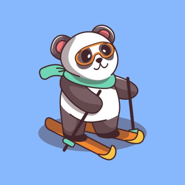 Şirin panda yeni yıl kış kayağı yeni yıl vektör karakteri. Vektör illüstrasyonu