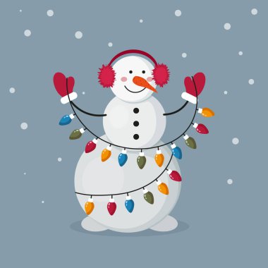 Çizgi film karakteri Kardan Adam kürk kulaklıklı ve çelenkli. Vektör illüstrasyonu