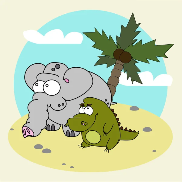 アフリカゾウとワニが島に座っている ベクターイラスト — ストックベクタ