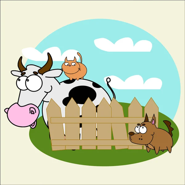 猫と犬が柵の近くに立っているかわいい牛 ベクターイラスト — ストックベクタ