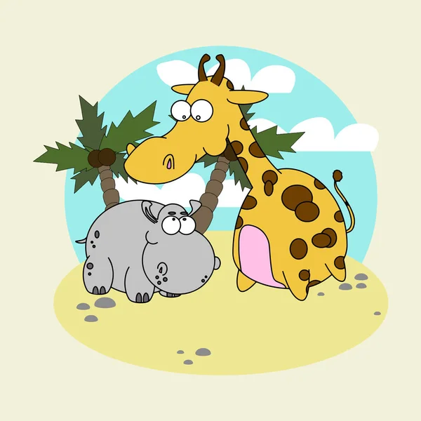 Giraffe Hippopotamus Island Palm Trees Vector Illustration — Stock Vector