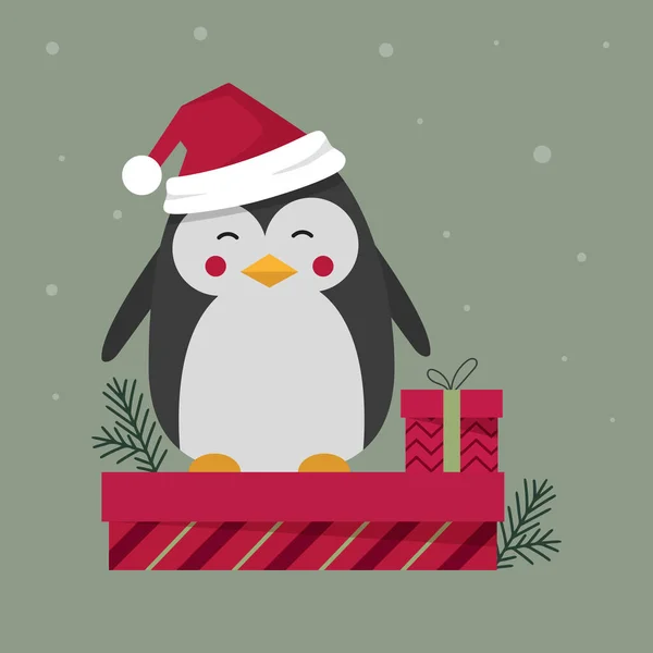 Cartoon Winter Christmas Character Penguin Wearing Hat Standing Gift Box — Stock Vector