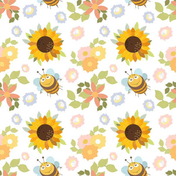父子关系蜜蜂和向日葵在夏天的主题风格的图例 矢量说明 — 图库矢量图片