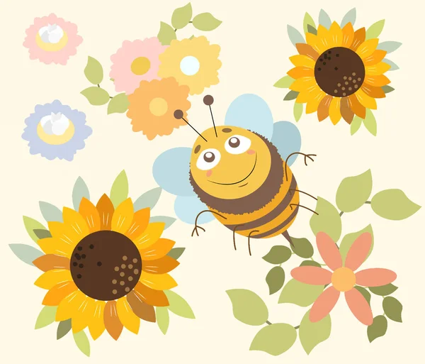 在花朵和向日葵之间快乐的蜜蜂 矢量说明 — 图库矢量图片