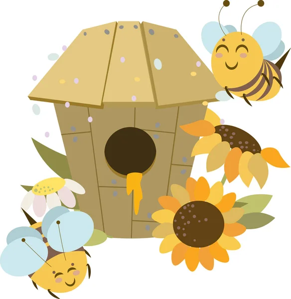 花の近くに明るい蜂が蜜を集める ベクターイラスト — ストックベクタ