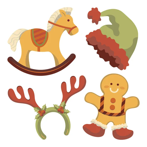Set Van Composities Voor Kerst Peperkoek Santa Hoed Speelgoed Schommelpaard — Stockvector