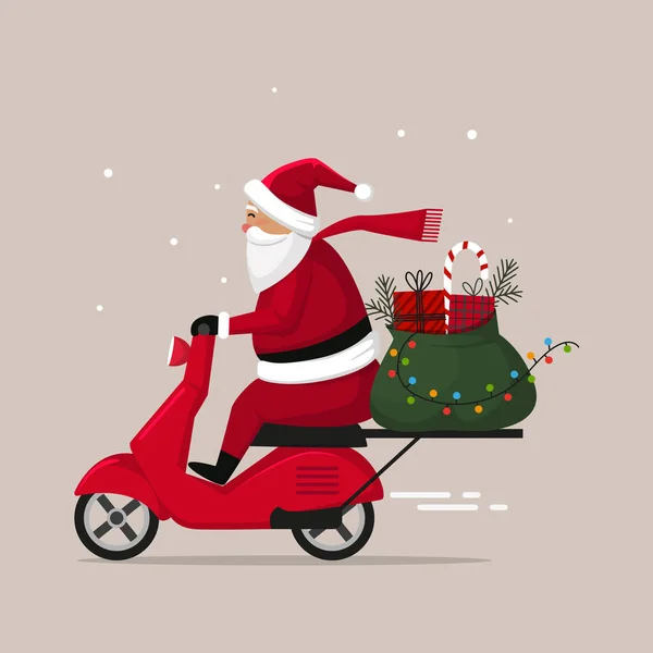 Weihnachtsmann Auf Rotem Roller Mit Geschenktüte Auf Dem Kofferraum Vektorillustration — Stockvektor