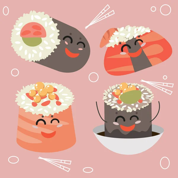 Glada Japanska Sushi Med Tecknade Ansikten Vektorillustration — Stock vektor