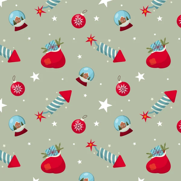 Christmas Pattern Bag Gifts Stars Fireworks Snow Globe Christmas Tree — Stock Vector