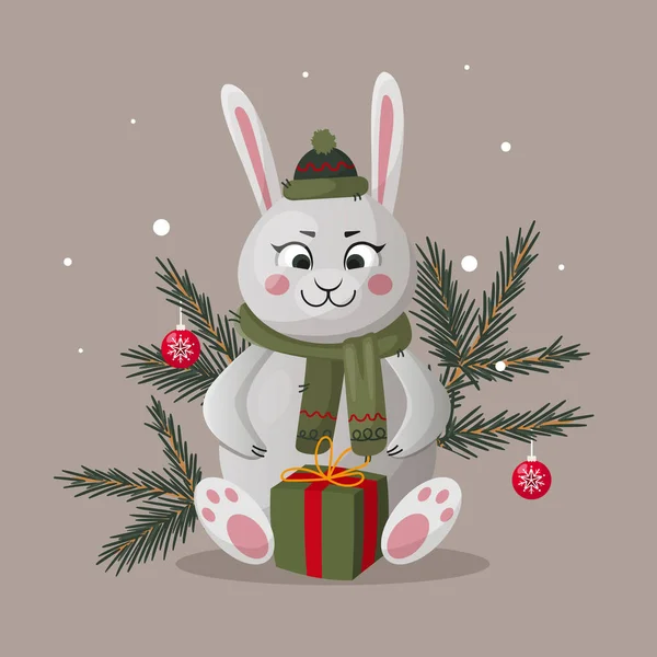 Weihnachtsfigur Hase Tannenzweigen Mütze Und Schal Mit Geschenk Vektorillustration — Stockvektor