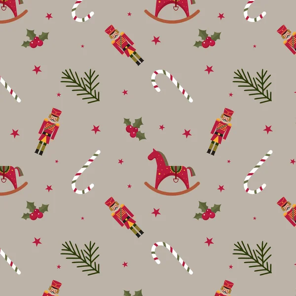 圣诞模式与玩具马糖果手杖士兵坚果饼干云杉树枝圣诞浆果和星星 矢量说明 — 图库矢量图片