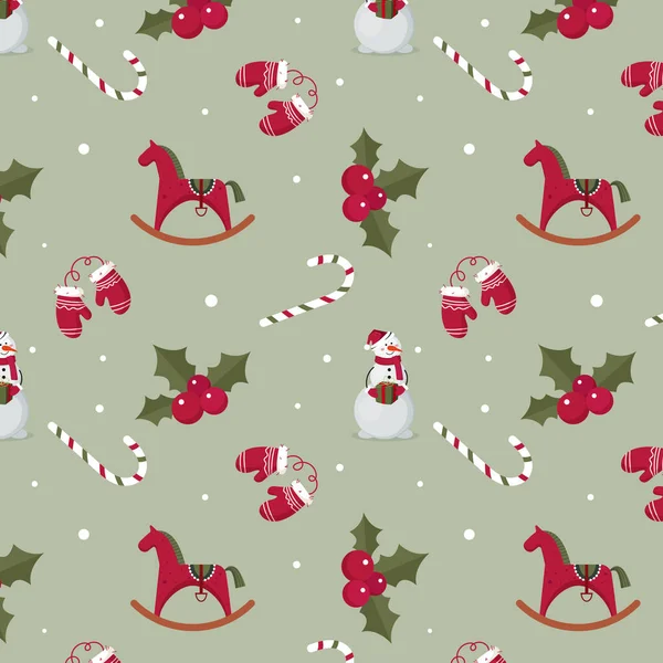 Weihnachtsmuster Mit Spielzeugpferd Lutschern Schneemannhandschuhen Und Weihnachtsbeeren Vektorillustration — Stockvektor