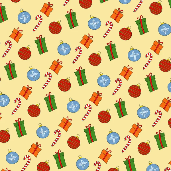 Veselé Vánoce Vzor Dárky Vánoční Koule Cukroví Vektorová Ilustrace — Stockový vektor