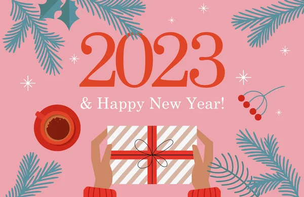 Inscripción 2023 Feliz Año Nuevo Sobre Fondo Con Ramas Abeto — Vector de stock