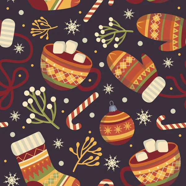 无缝隙的深色圣诞图案圣诞手套 袜子和装饰品中的杯子 矢量说明 — 图库矢量图片