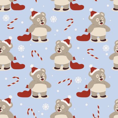 Kusursuz Noel desenli Noel Baba şapkalı ve çuvallı sevimli oyuncak ayı. Vektör illüstrasyonu
