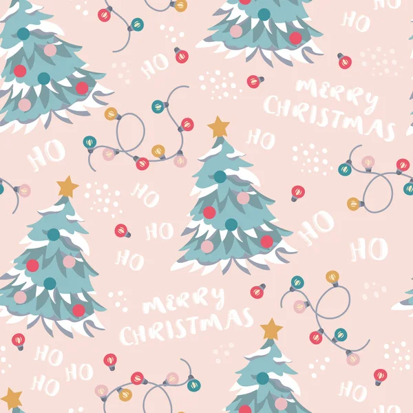 Bezešvé Vánoční Vzor Vánoční Stromeček Nápis Veselé Vánoce Vektorová Ilustrace — Stockový vektor
