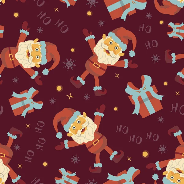 Nahtlose Weihnachtsmuster Glücklicher Weihnachtsmann Mit Geschenken Vektorillustration — Stockvektor
