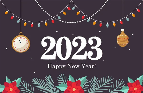 Inscripción 2023 Feliz Año Nuevo Bandera Con Decoraciones Árboles Navidad — Vector de stock