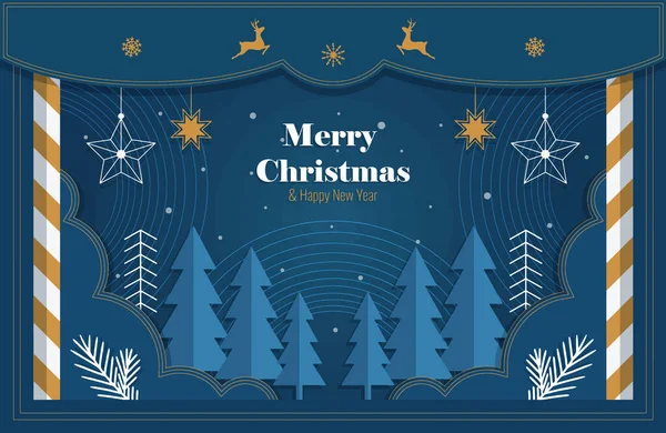 Yazılı mutlu noeller ve mutlu noeller Noel ağaçları, geyikler ve kağıt teknikli kar taneleri. Vektör illüstrasyonu