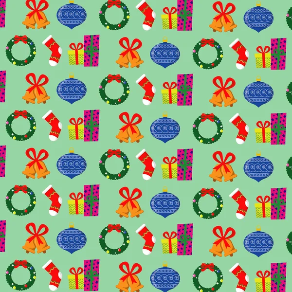 クリスマスの花輪 ガラスボール 贈り物と陽気なクリスマスパターン ベクターイラスト — ストックベクタ