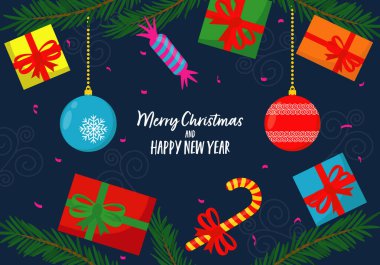 Mutlu noeller ve oyuncaklarla, şekerlerle, hediyelerle, dallarla ve konfetilerle dolu mutlu yeni yıl afişleri. Vektör illüstrasyonu