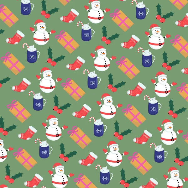 快乐的圣诞图案与冬青浆果 一杯卡布奇诺和雪人 矢量说明 — 图库矢量图片