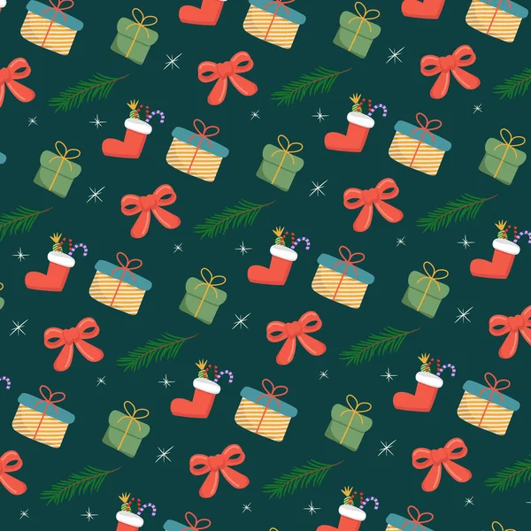 圣诞快乐图案与圣诞与圣诞老人靴 缎带和礼物 矢量说明 — 图库矢量图片
