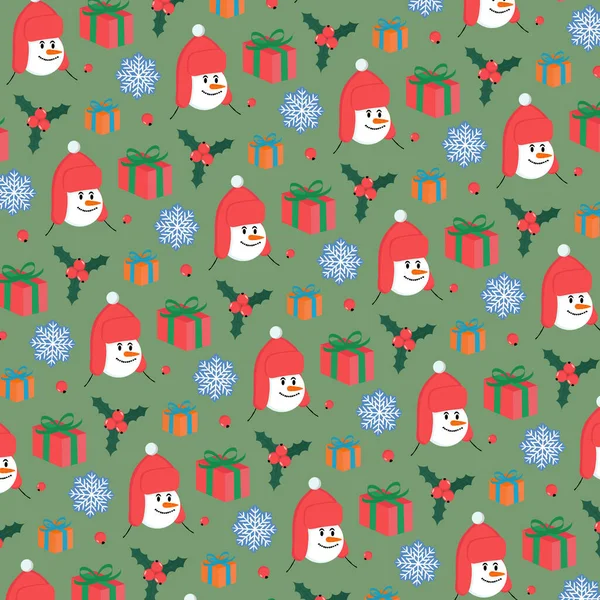 Καλά Χριστούγεννα Μοτίβο Δώρα Νιφάδες Χιονιού Χιονάνθρωπος Holly Μούρα Εικονογράφηση — Διανυσματικό Αρχείο