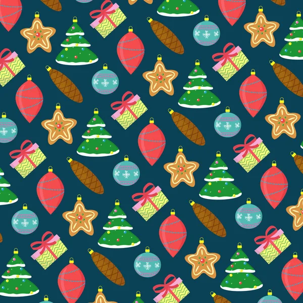 Frohe Weihnachten Muster Mit Vektor Weihnachtsspielzeug Und Geschenk Vektorillustration — Stockvektor