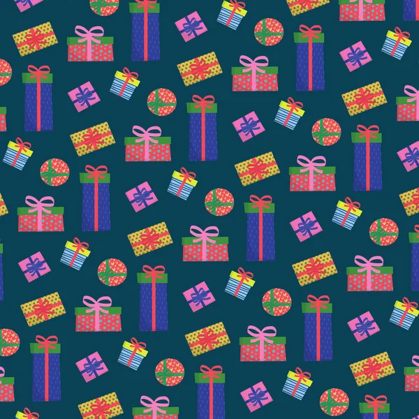 带着矢量礼物和彩带的快乐圣诞图案 矢量说明 — 图库矢量图片